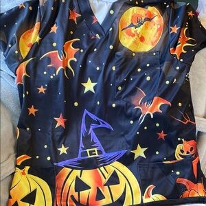 Halloween Pumpkin and Bat scrub top
